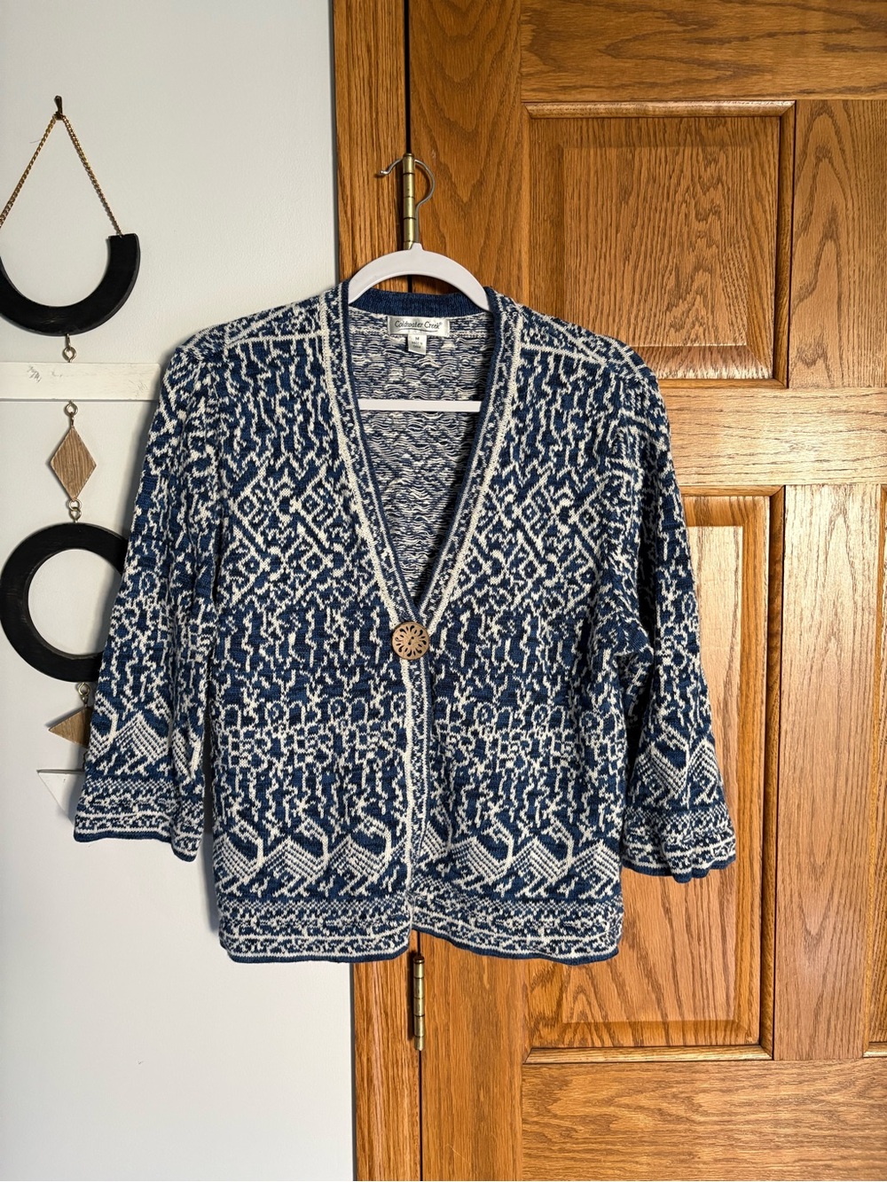 Coldwater Creek Navy & White Patterned Button Knit Cardigan
